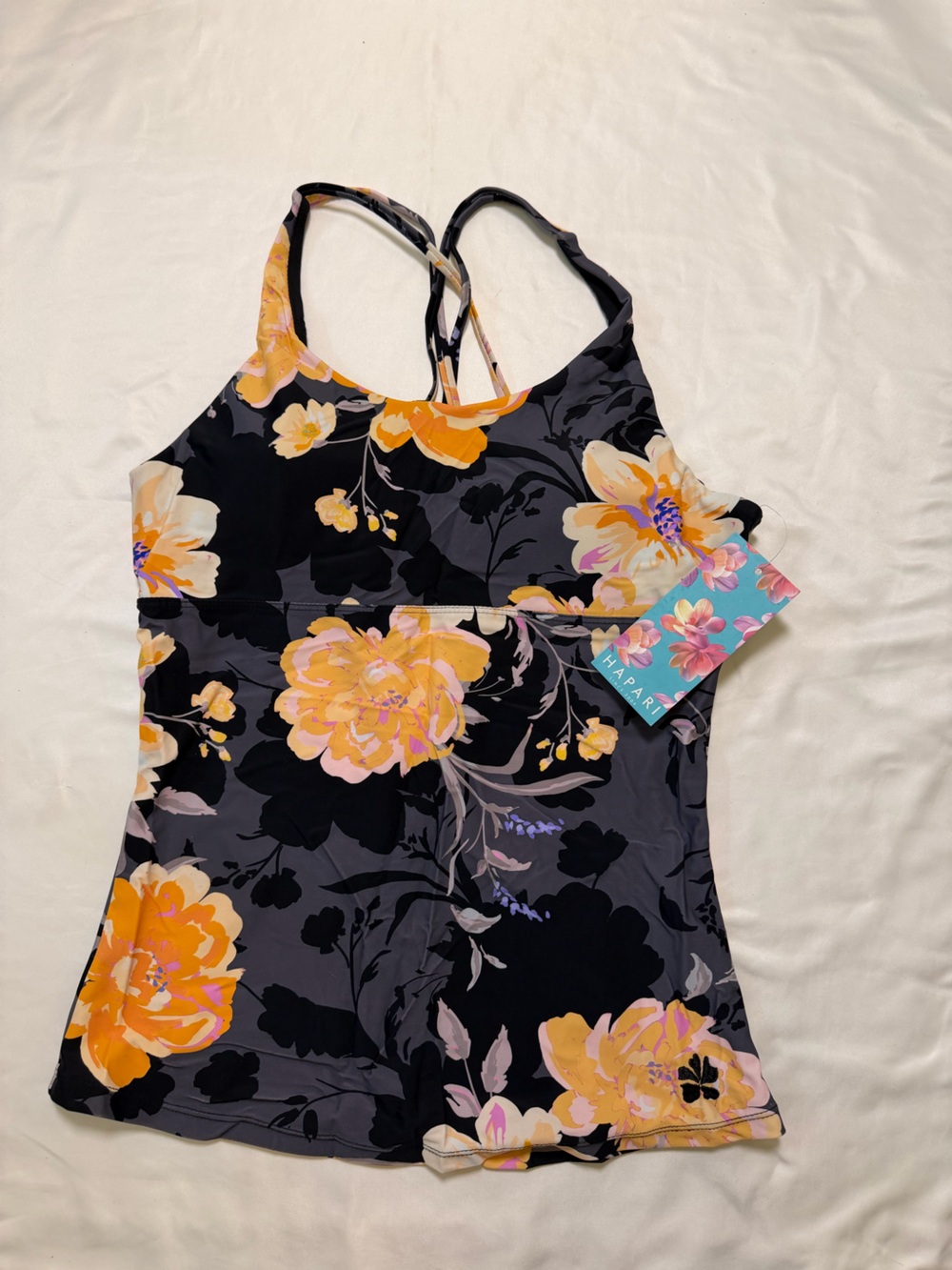 NWT Hapari size 8-10 Floral Racerback swim tankini - Yellow & Black Floral Print